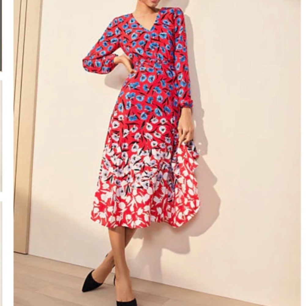 Ann Taylor Floral Red Poppyseed print Midi Dress 00P NWOT - Picture 2 of 10